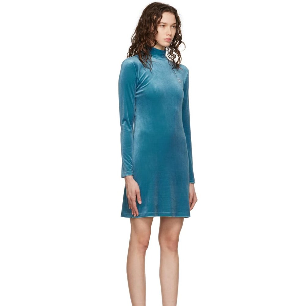 ROKH Cyan Blue Mask Velvet Mini Dress, Size 8
